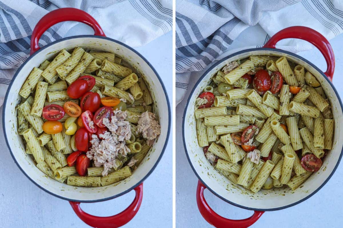 mixing rigatoni pasta with pesto, cherry tomatoes and tuna in a red Dutch oven in two steps. 