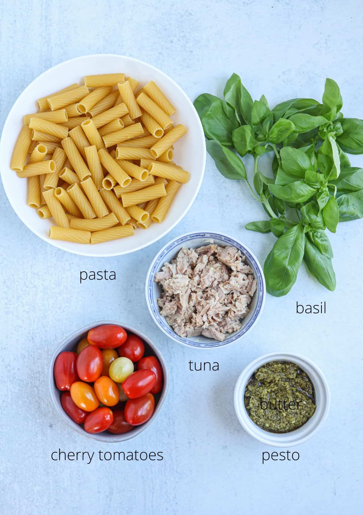 ingredients for making tuna pesto pasta on light gray background with captions. 