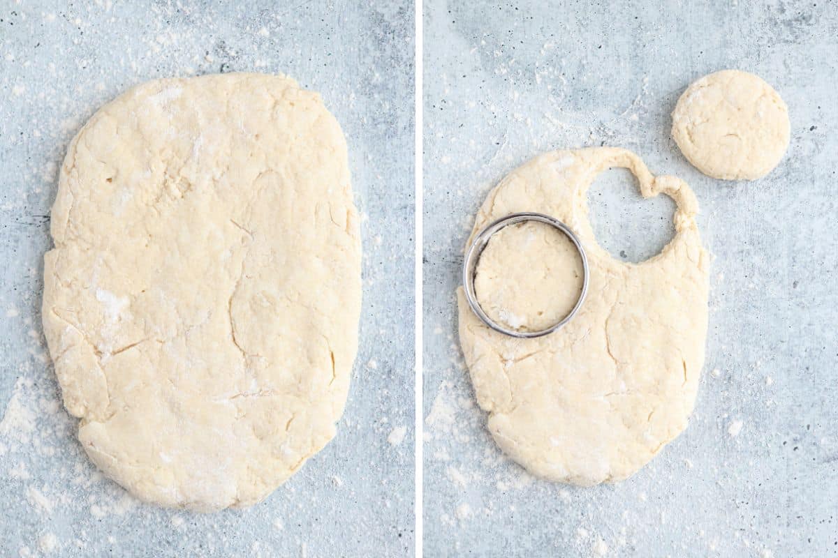 rolling out biscuit dough and cutting out round biscuits. 