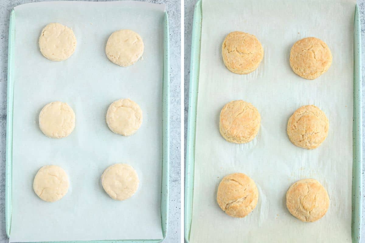 baking six round biscuits, before and after baking on paper lines teal baking sheet.