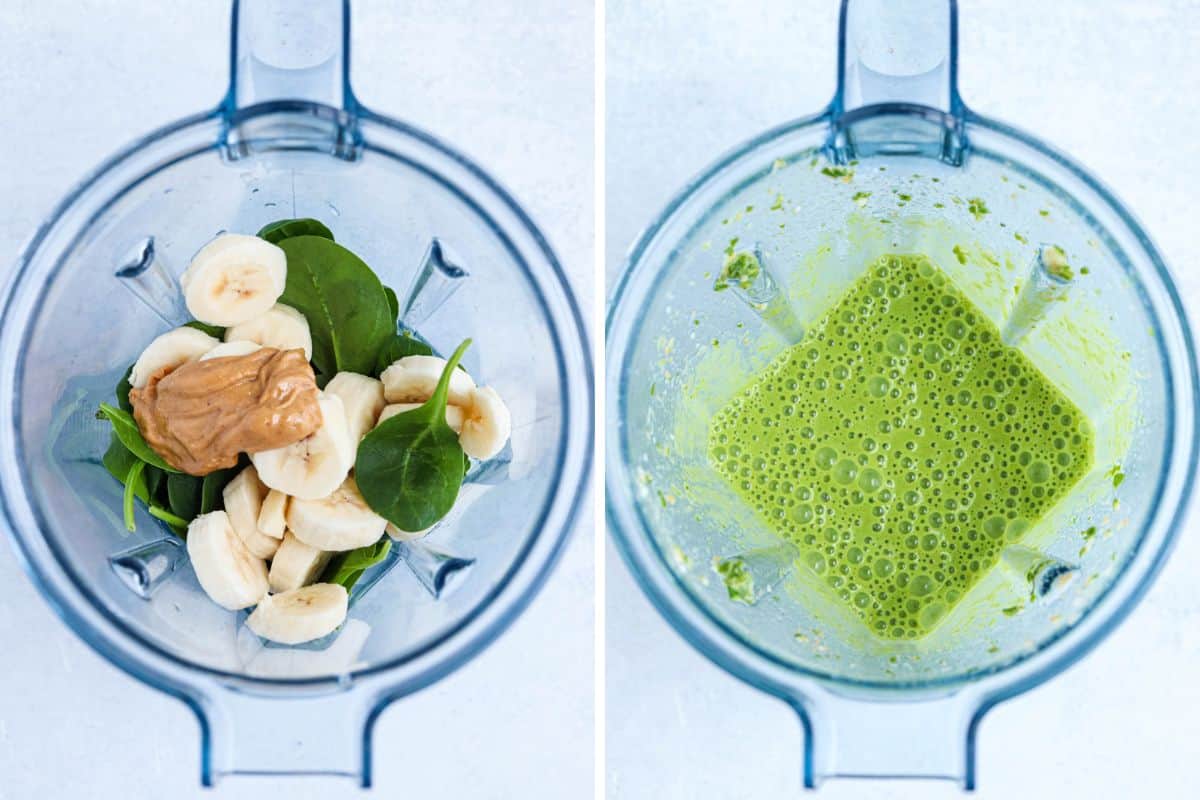 making a green smoothie in a blender in two steps.