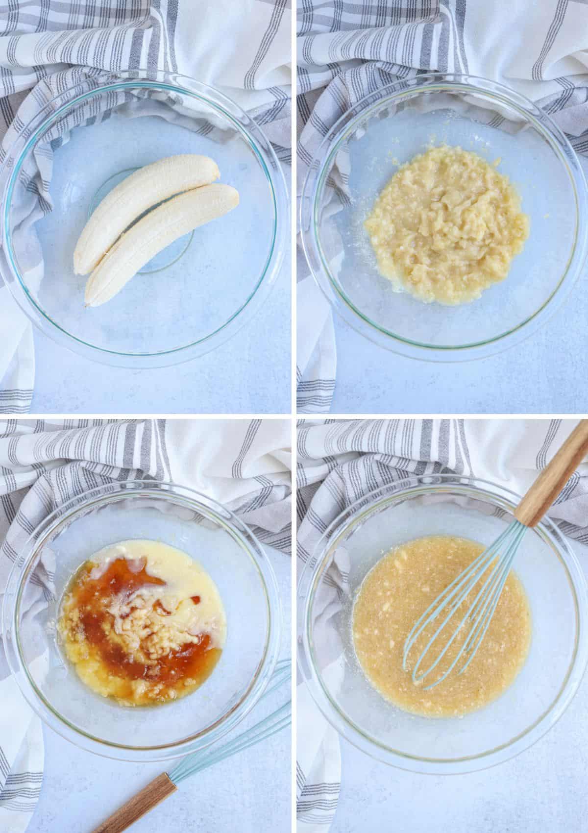4 steps for making banana muffins with 2 bananas in a glass bowl before adding dry ingredients.