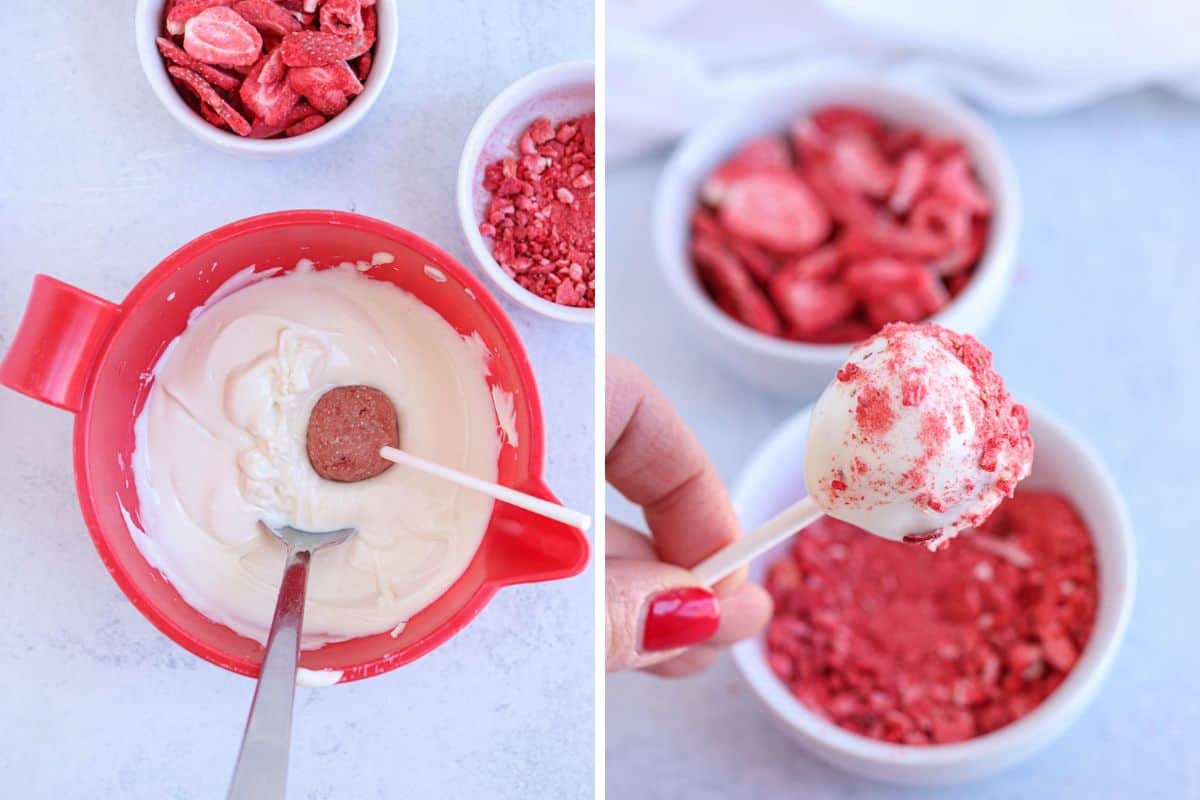 dipping strawberry cake pops in white chocolate and coating with freeze-dried strawberries.
