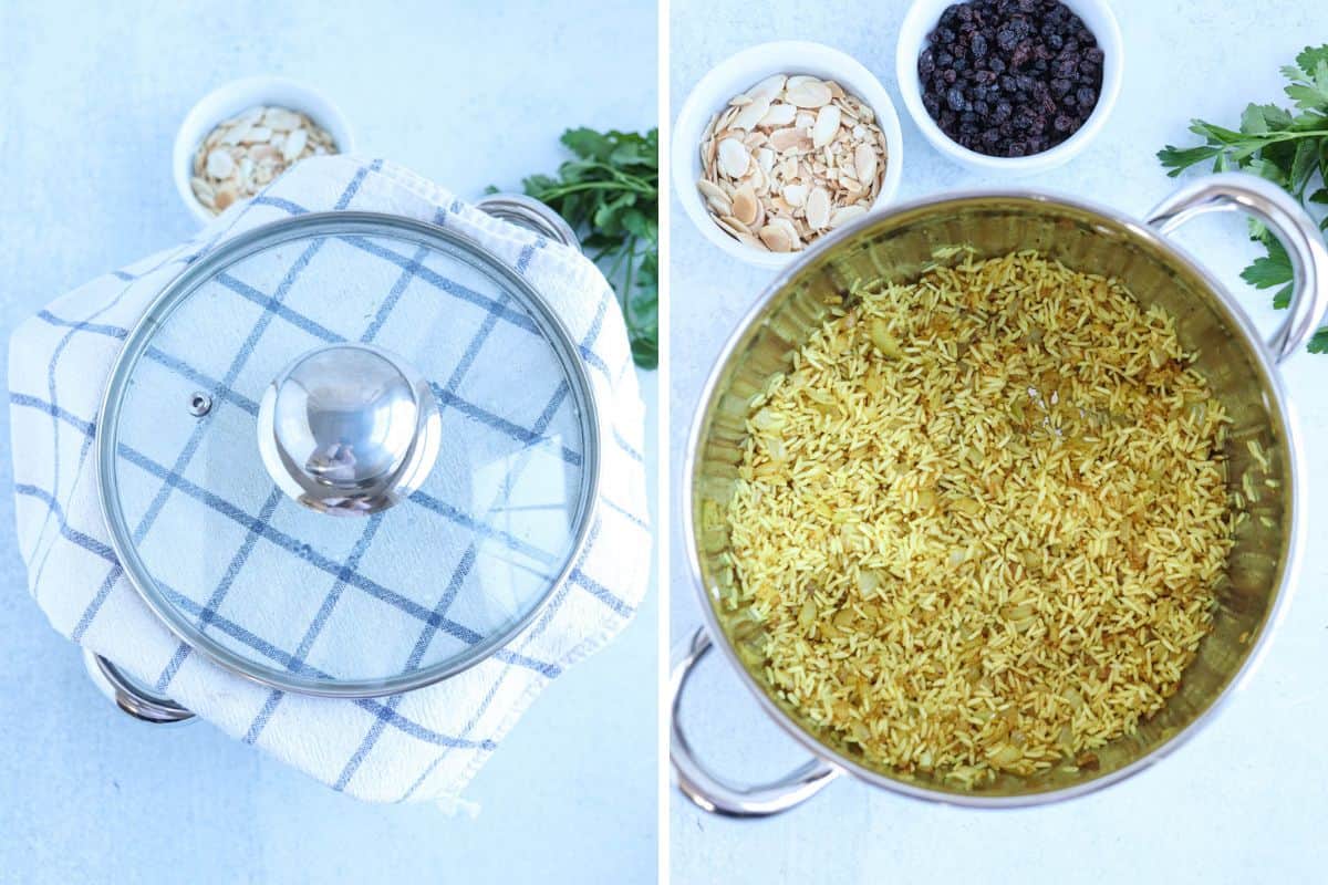 making yellow rice in a steel pot in two steps. 