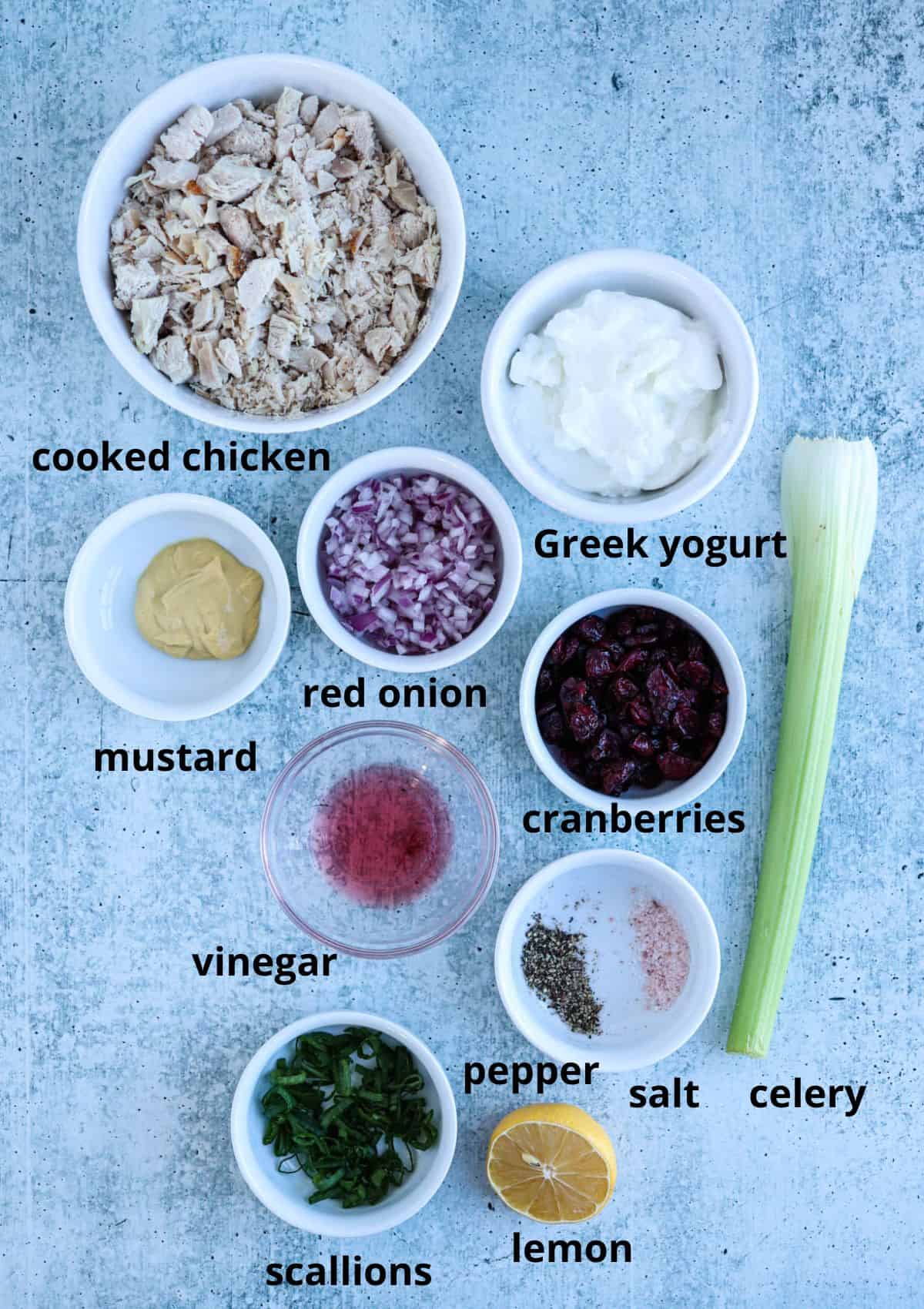 ingredients for making no mayo chicken salad in small containers on gray surface. 