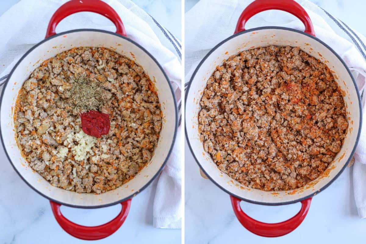 making pork bolognese in a Dutch oven in two steps.