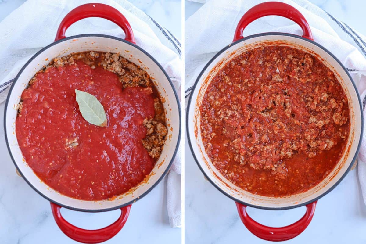 making pork bolognese in a Dutch oven in two steps.