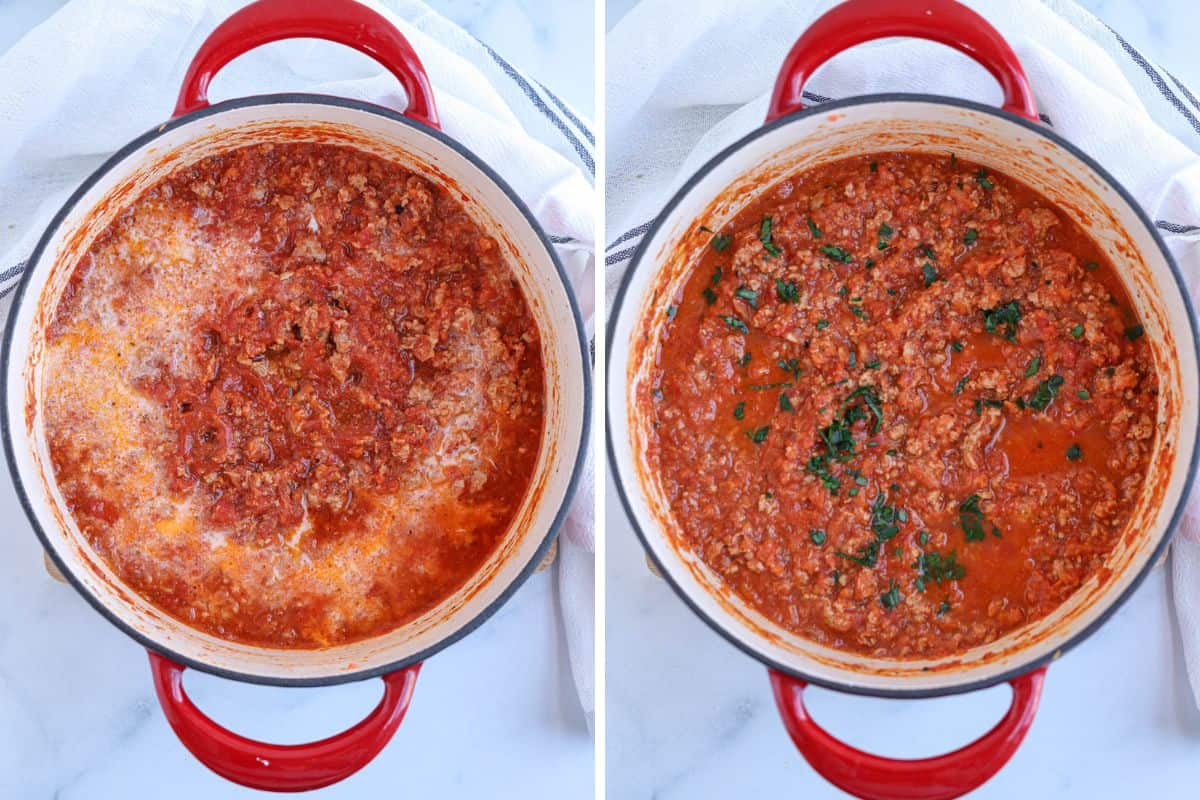 making pork bolognese in a Dutch oven in two steps.