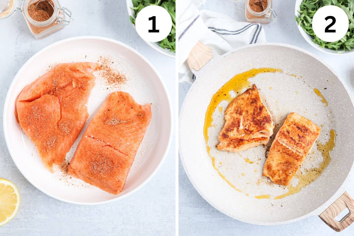 cooking salmon in a skillet in 2 steps. 