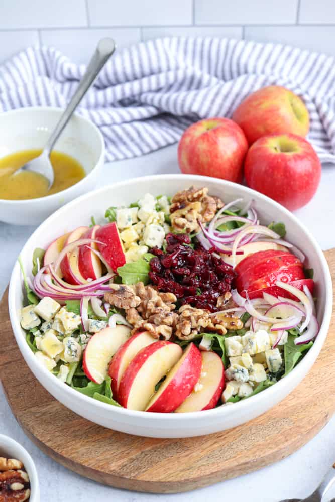 apple gorgonzola salad in a bowl with cranberries, nuts and salad dressing.