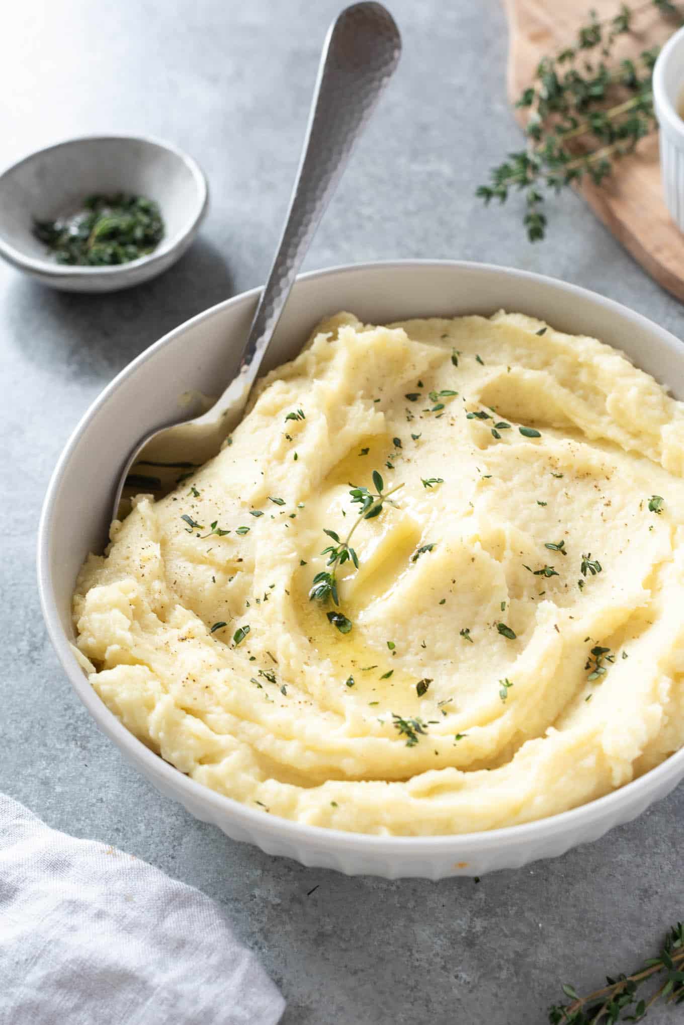 parsnip puree in a white bowl. 