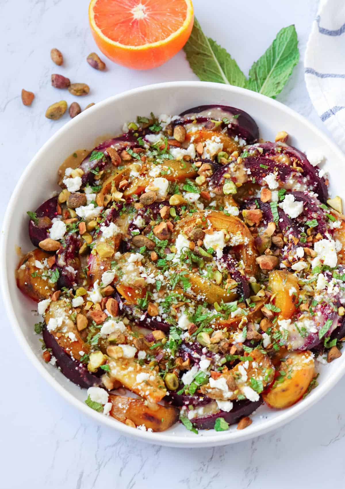 roasted beet salad with pisachios and feta. 