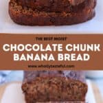 A stack of chocolate chunk banana bread slices with a pat of butter on top evokes the warmth of baking. Below is the text The Best Moist Chocolate Chunk Banana Bread and the website whollytasteful.com. Nearby, like a tempting falafel platter, additional slices rest enticingly on a wooden board.