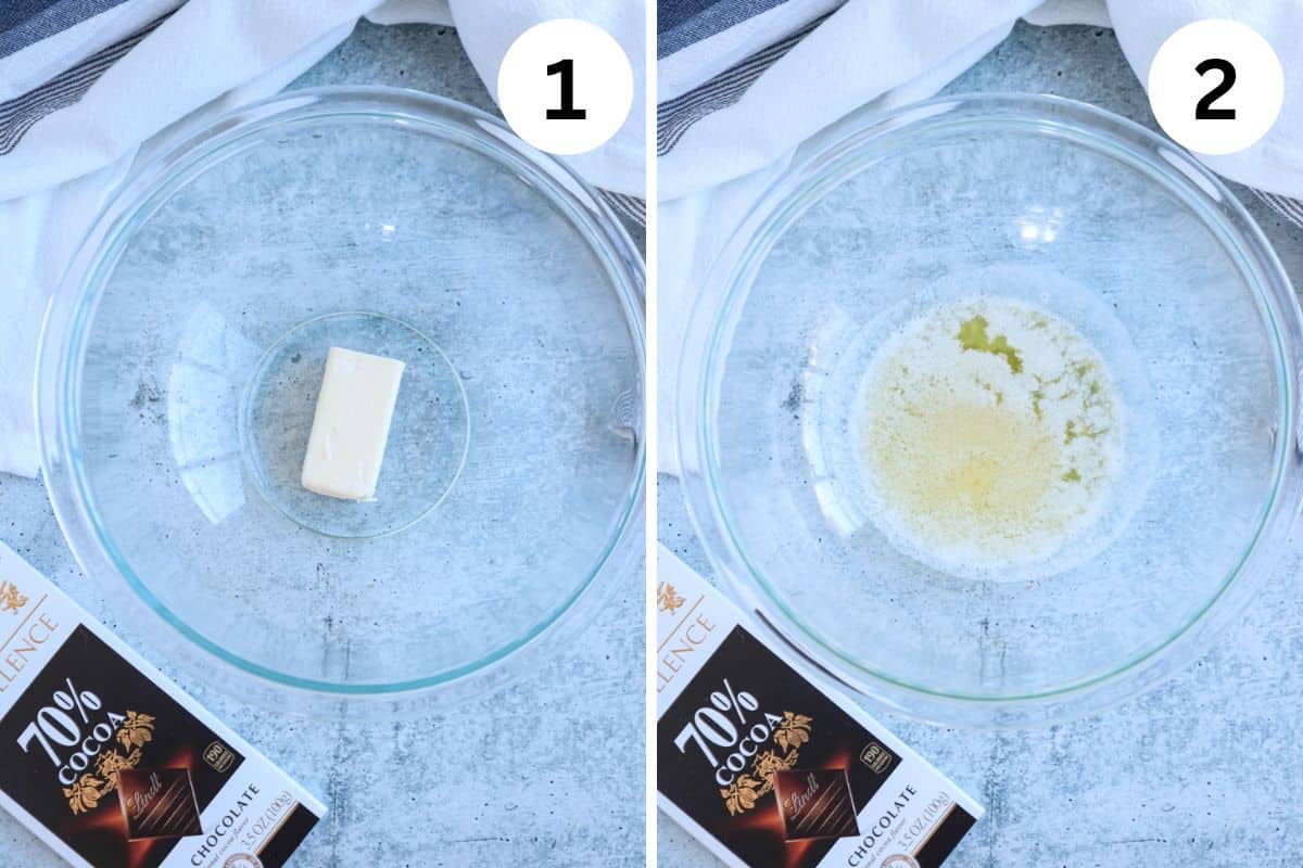 Two side-by-side images. Image 1 shows a glass bowl with a stick of butter. Image 2 shows the same bowl with melted butter. A chocolate bar with a 70% Cocoa label is placed near the bowl in both images.