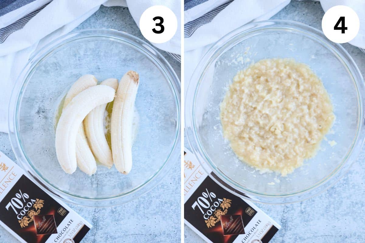 Two side-by-side images show a glass bowl with bananas on the left and mashed bananas on the right. A chocolate bar with 70% cocoa text is positioned at the bottom left corner, evoking the richness of a dessert brimming with flavors.