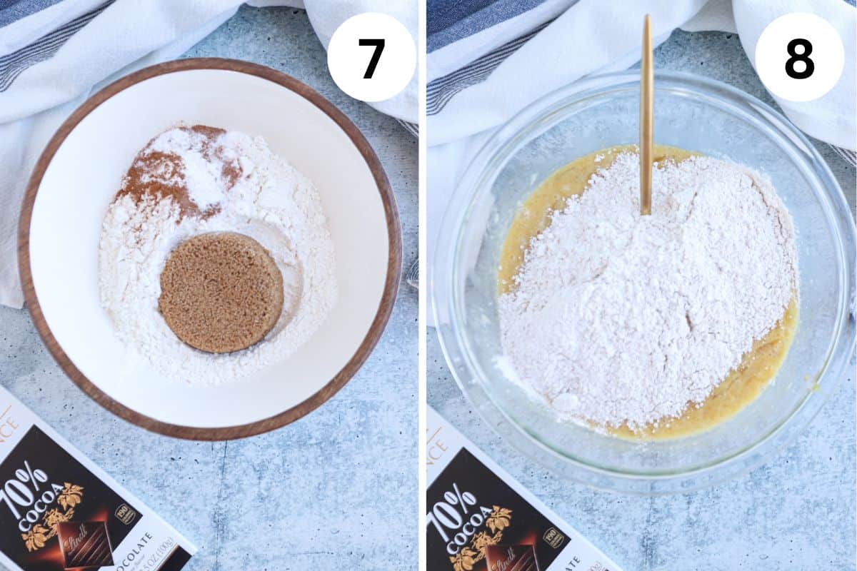 Side-by-side images display mixing bowls. On the left, a wooden bowl holds flour and brown sugar. On the right, a glass bowl features flour added to a wet mixture with a wooden spoon. Nearby rests an open dark chocolate bar.