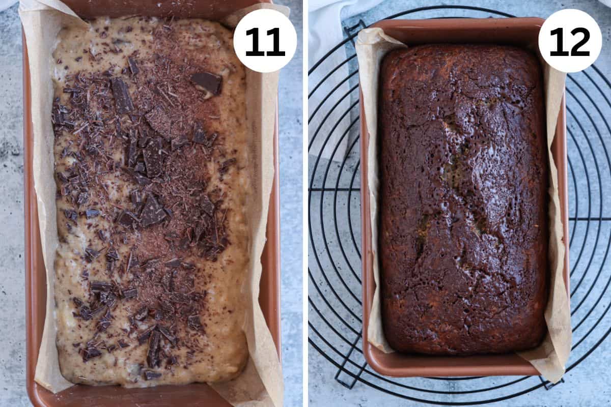 A side-by-side comparison of a baking process. On the left, unbaked banana bread batter topped with chocolate chunks in a loaf pan. On the right, the finished golden-brown banana bread in the same pan, cooling on a wire rack ready to be savored.