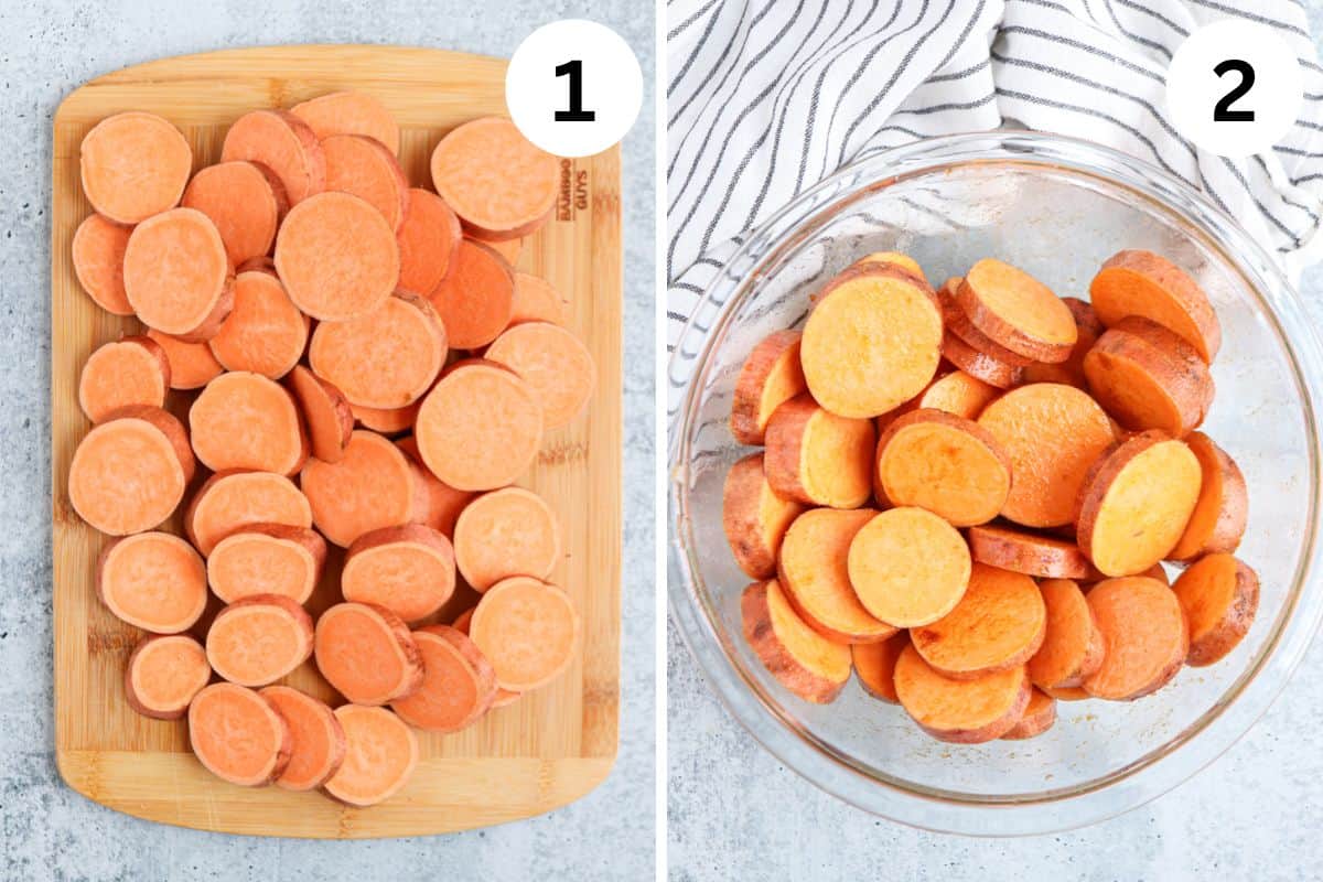 Side-by-side images: Left, sliced raw sweet potatoes on a wooden cutting board. Right, roasted sweet potato slices in a glass bowl coated with seasoning. Both steps are numbered 1 and 2 in white circles.