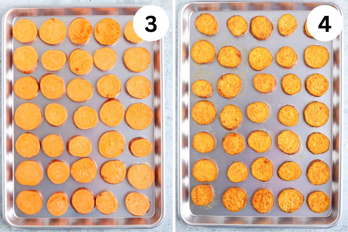 Two baking sheets with sliced sweet potatoes. The left tray (labeled 3) shows raw slices arranged neatly, while the right tray (labeled 4) displays roasted sweet potato slices, slightly browned and shrunken after baking.