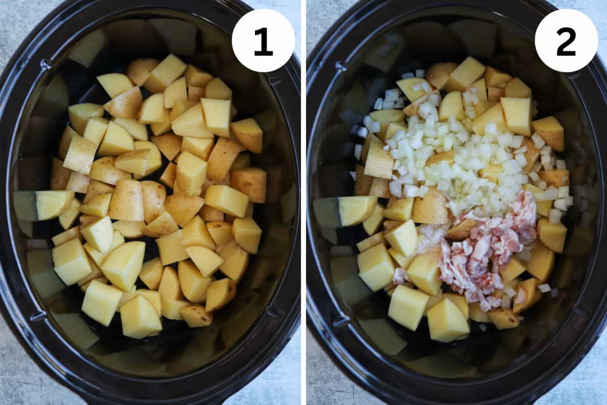 Two side-by-side photos of a slow cooker. Left: diced yellow potatoes. Right: diced potatoes topped with chopped onions, raw bacon, and seasoning—key steps for a hearty chicken potato broccoli casserole. Both images are labeled 1 and 2 in white circles.