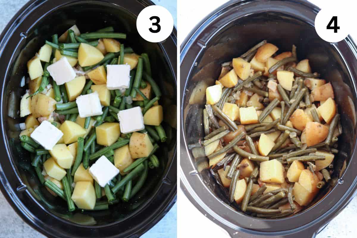 Side-by-side images of a slow cooker with green beans and potato chunks; the left shows raw ingredients topped with butter cubes, and the right shows the same ingredients cooked and softened, similar to prepping a chicken potato broccoli casserole. Labels read “3” and “4.”.