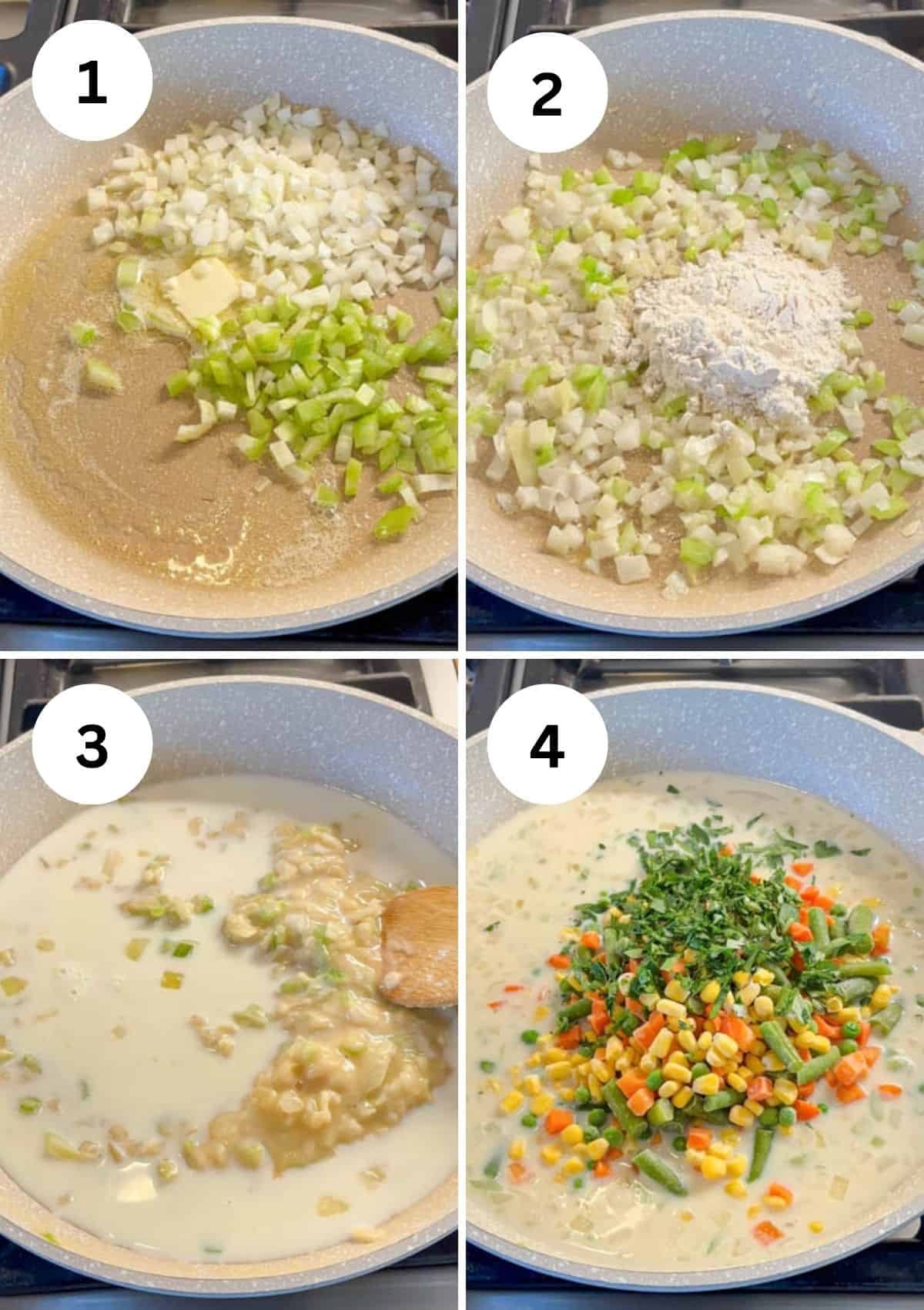 Four-step skillet method for chicken potato broccoli casserole: 1) Sauté chopped onions and celery, 2) Add flour, 3) Stir in liquid to thicken, 4) Toss mixed vegetables and fresh herbs into the creamy mixture.