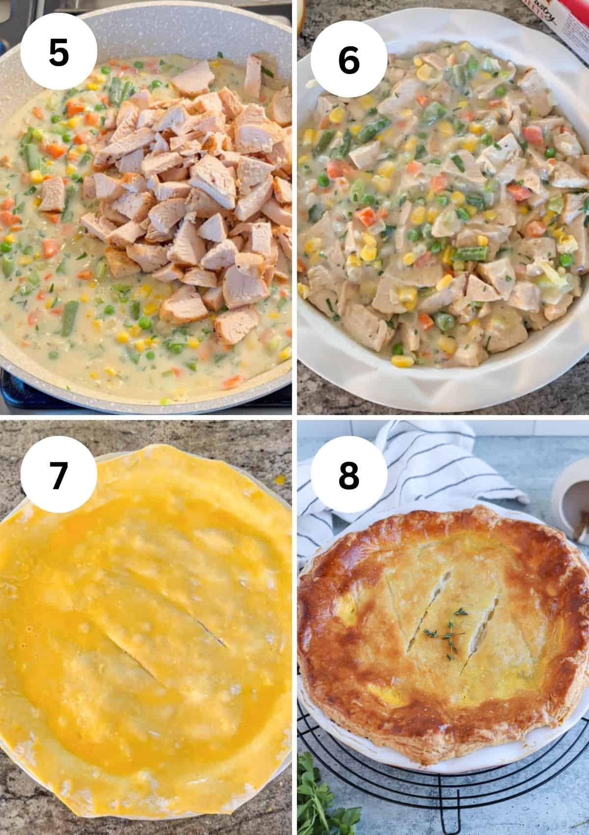 A four-step collage showing chicken pot pie preparation: cooked chicken and vegetables in sauce (5), similar to a chicken potato broccoli casserole, filling in a pie dish (6), pastry on top (7), and a golden baked pie with slits (8).