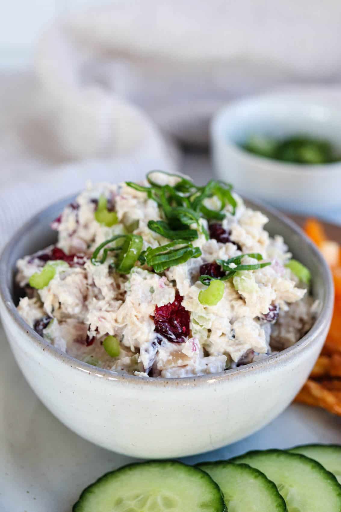 A bowl of chicken salad with green onions and cranberries, served next to sliced cucumbers and a small bowl of green peppers.