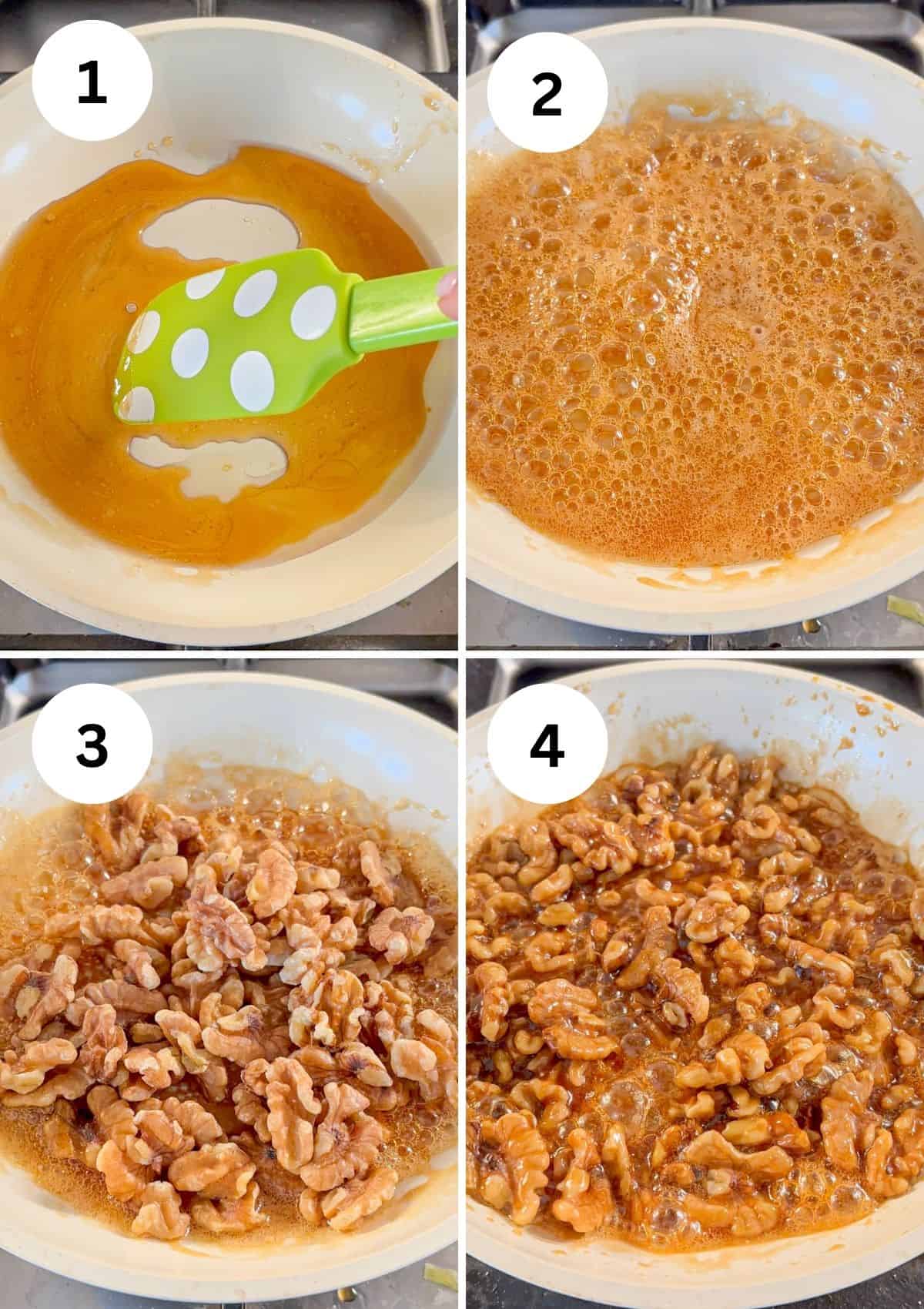 A four-step collage shows making candied walnuts for topping a chicken potato broccoli casserole: 1) Stirring melted sugar. 2) Sugar bubbling. 3) Walnuts added. 4) Walnuts coated in caramelized sugar.