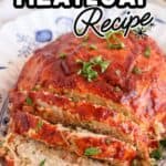 A sliced chicken meatloaf garnished with chopped herbs is served on a decorative white and blue plate. Text above the dish reads, Healthy Chicken Meatloaf Recipe—perfect alongside a chicken potato broccoli casserole.