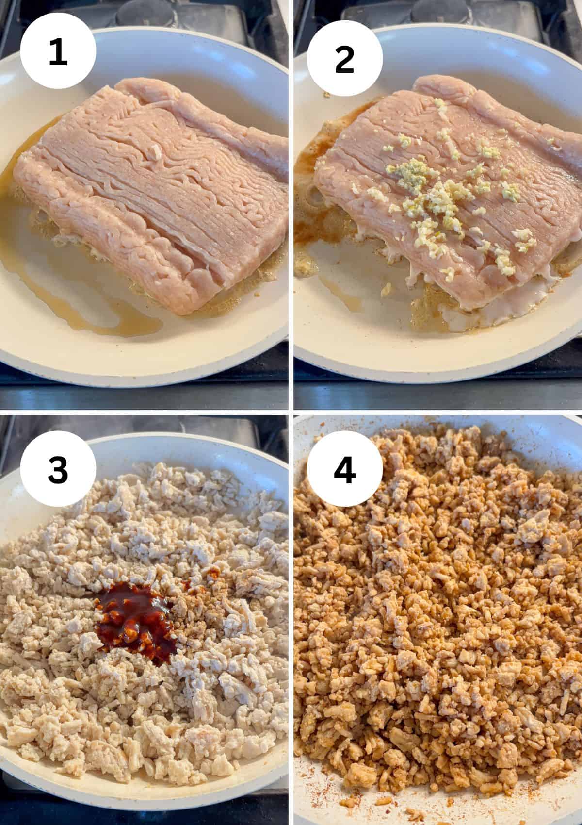 Step-by-step cooking process: ground meat cooks in a pan, first raw, then with minced garlic, then partially cooked with sauce added—perfect as a base for your favorite boursin dip—and finally fully cooked and evenly browned. Steps numbered 1 to 4.