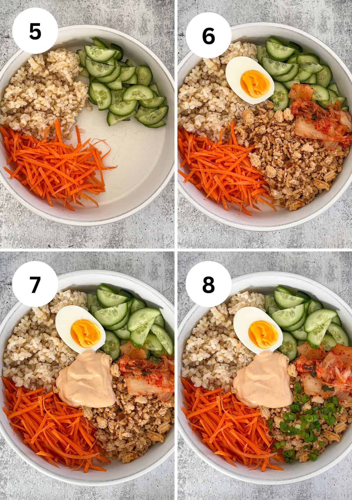 Four bowls numbered 5 to 8, each with brown rice, shredded carrots, sliced cucumbers, and ground meat. Bowls 6–8 add a halved boiled egg, kimchi, sauce, and chopped green onions step-by-step.