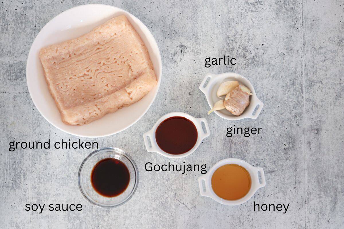 A bowl of ground chicken, a dish of soy sauce, a bowl of gochujang, honey, and garlic with ginger, all labeled and arranged on a light grey surface.