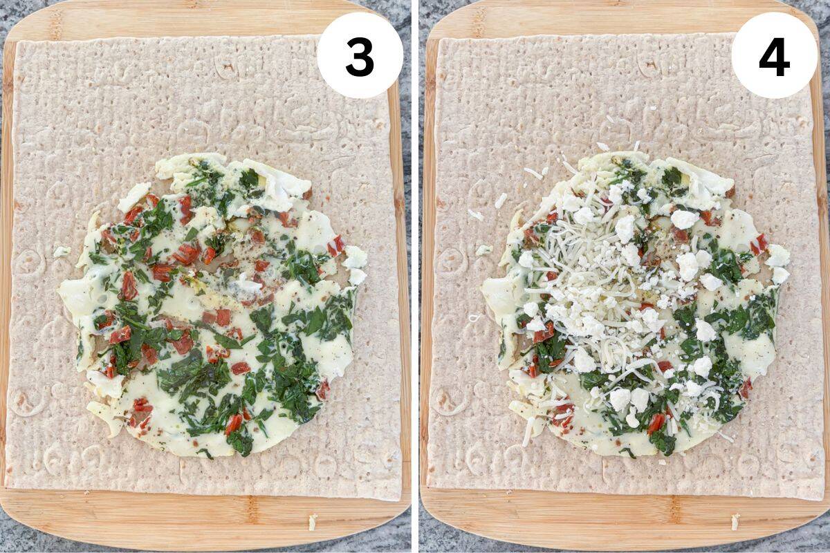 Two side-by-side images show a whole grain wrap topped with spinach, sun-dried tomatoes, and herbs on the left (labeled 3), and the same wrap with crumbled feta, shredded cheese. (labeled 4).