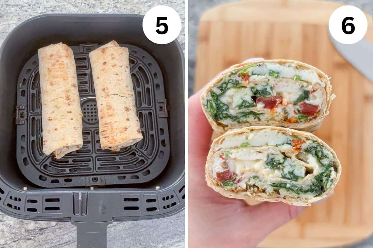Left: Two high protein egg white wraps in an air fryer basket. Right: A hand holding a halved burrito, revealing a filling of spinach, sun-dried tomatoes, and creamy sauce. Numbers “5” and “6” label each image.