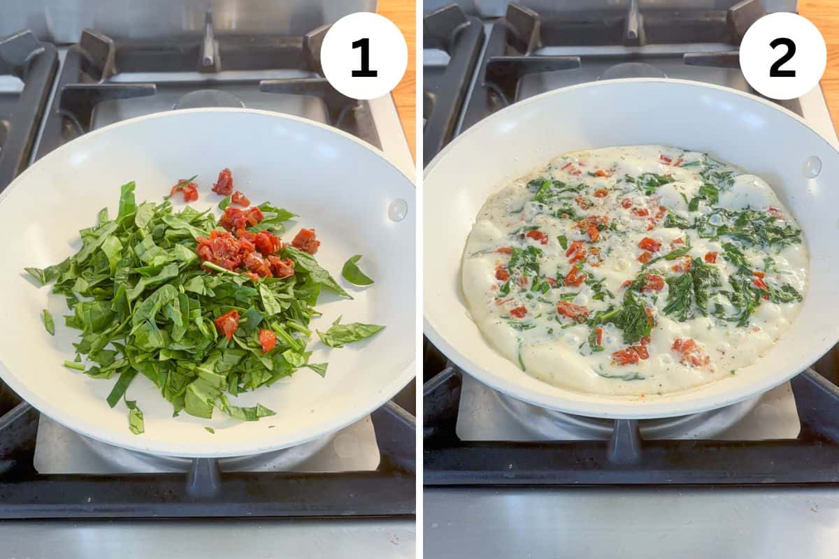 Side-by-side images on a stove: left, chopped spinach and sun-dried tomatoes in a white skillet; right, the same skillet with an omelet mixture, spinach, and tomatoes visible.