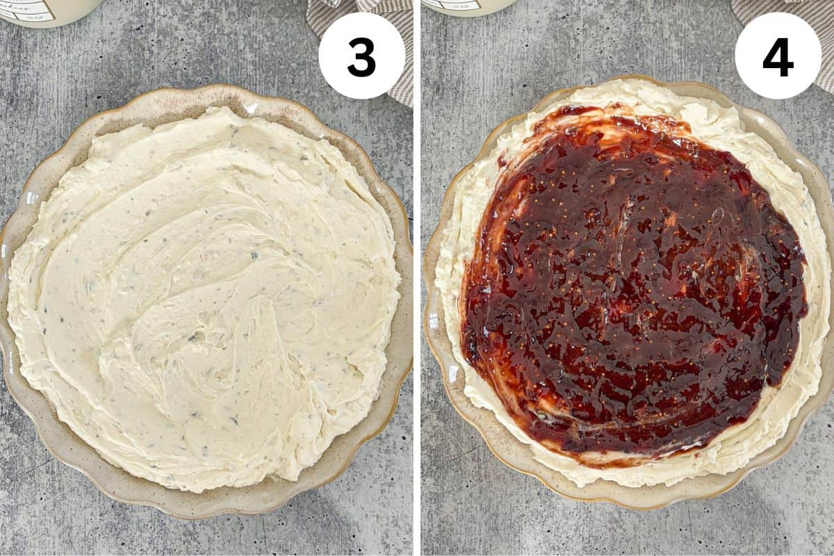 Side-by-side images: on the left, a pie dish filled with a creamy, light tan boursin dip; on the right, the same dish topped with a layer of dark red jam-like spread. Each image has a numbered circle (3 and 4) in the top right corner.
