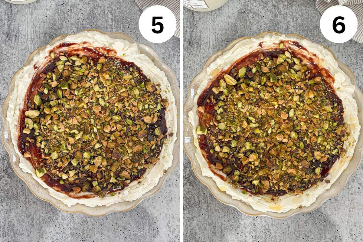 Side-by-side images labeled 5 and 6 show a pie with whipped cream edges, a jam-like topping, and chopped pistachios on top, set on a gray surface. The pies look nearly identical in both images, resembling the smooth texture of boursin dip.