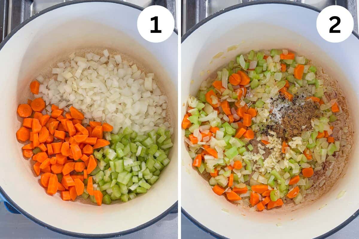Split image showing chopped carrots, celery, and onions in a pot on the left (labeled 1), and the same vegetables sautéing with seasonings, garlic, and hints of pesto chicken parmesan flavors on the right (labeled 2).