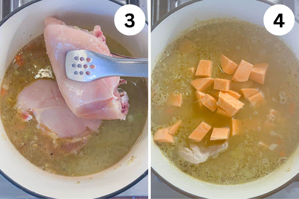 Image split into two sections: left shows raw chicken breasts being added to a pot of broth (step 3); right shows cubed sweet potatoes added to the simmering broth for a hearty pesto chicken parmesan base (step 4). Each step is labeled with a number.