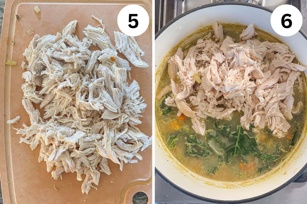 Side-by-side images: Left, shredded pesto chicken parmesan on a cutting board labeled 5; right, the chicken added to a pot of soup with broth, vegetables, and greens, labeled 6.