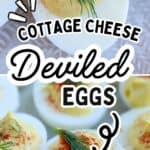 Close-up of cottage cheese deviled eggs topped with paprika and dill, arranged on a white plate. Text reads “Cottage Cheese Deviled Eggs.” Website “www.hollytasteful.com” is shown at the bottom.