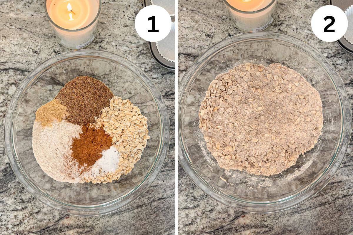Two side-by-side photos show a glass bowl with dry oats, flour, cinnamon, and other baking ingredients (left), and the same bowl with the ingredients mixed for healthy morning glory muffins (right). A lit candle glows in the background of both images.