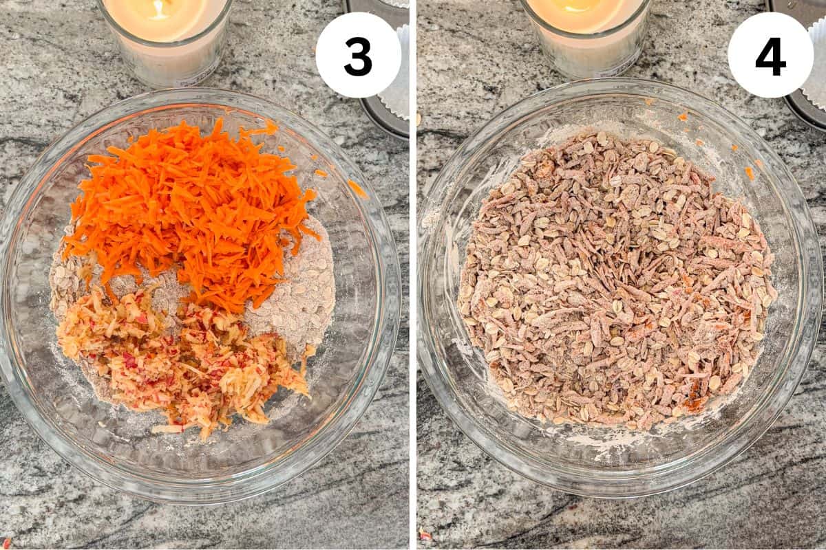 Two side-by-side images show a mixing bowl with shredded carrots and other ingredients for healthy morning glory muffins being added to the dry mixture (left, labeled 3), then mixed together (right, labeled 4), on a marble countertop with a candle nearby.
