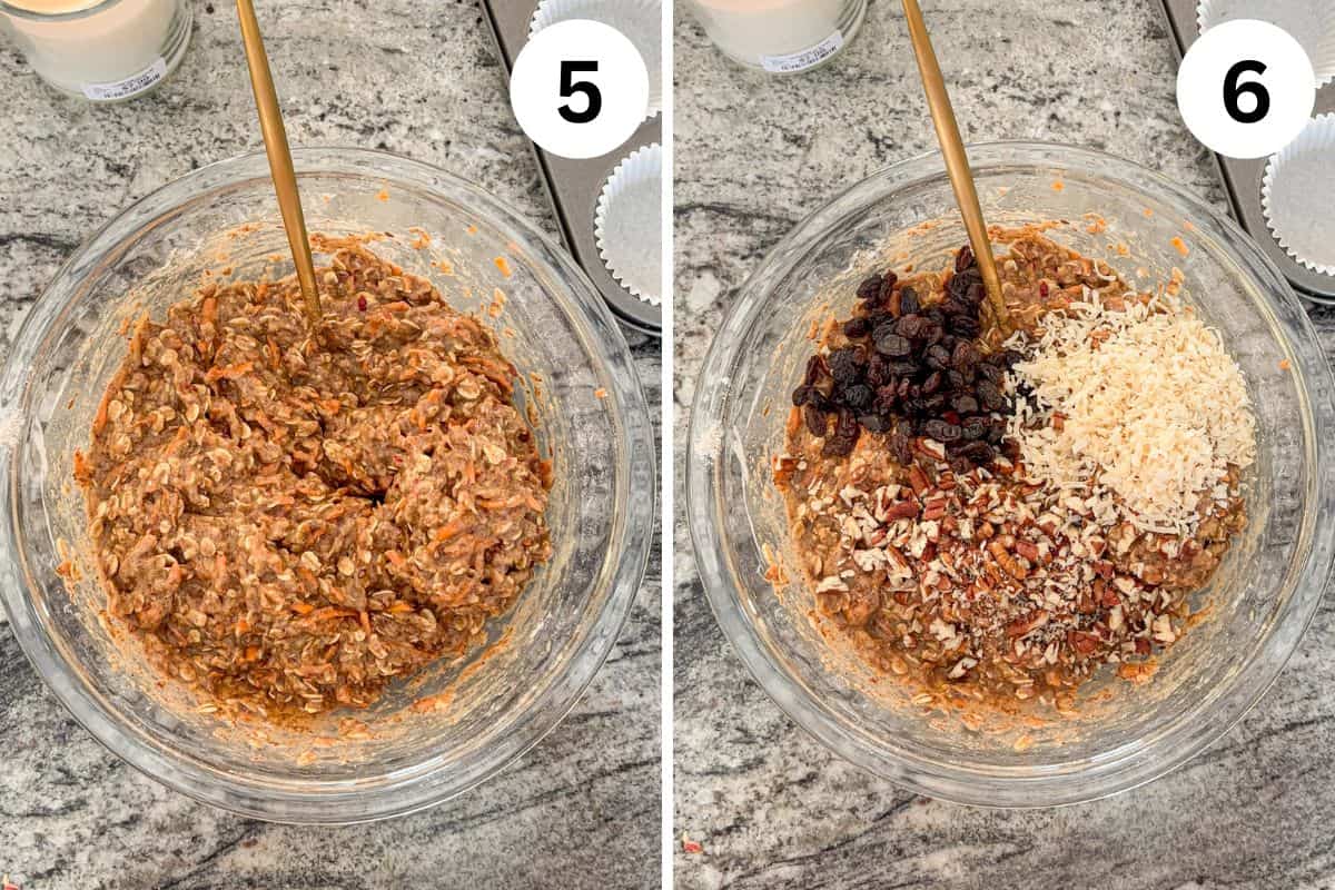 Side-by-side images of a glass mixing bowl show the making of healthy morning glory muffins. In image 5, thick batter with grated carrots is visible. In image 6, raisins, chopped nuts, and shredded coconut are added but not yet mixed in.