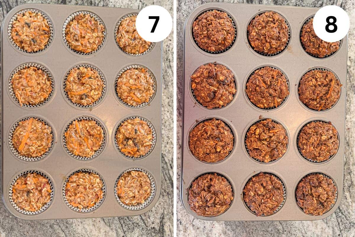 Side-by-side images of a muffin tin filled with healthy morning glory muffins. The left image shows the raw batter, while the right displays perfectly baked, dark golden brown muffins. Both tins rest on a gray countertop.