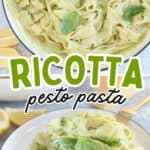 A creamy ricotta pesto pasta dish garnished with fresh basil leaves, served on a white plate. Lemon wedges are shown on the side. Text over the image reads Ricotta Pesto Pasta, highlighting this delicious ricotta pesto pasta creation.