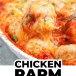 Close-up of chicken parm meatballs baked in tomato sauce, topped with melted cheese and fresh herbs in a white dish. Text at the bottom reads Chicken Parm Meatballs.