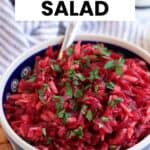 A bowl of vibrant Polish beet salad topped with chopped parsley, served in a patterned blue bowl with a spoon. The text above reads 5-Minute Authentic Polish Beet Salad. Website www.hollytasteful.com is at the bottom.