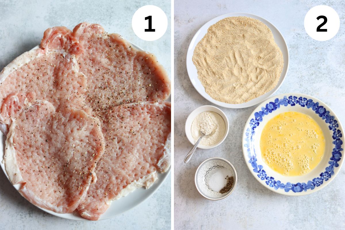 Step 1: Raw, seasoned pork chops on a plate, ready to be transformed into delicious kotlet schabowy. Step 2: Plates with flour, bread crumbs, beaten eggs, and bowls of flour and pepper stand prepared for the breading process.